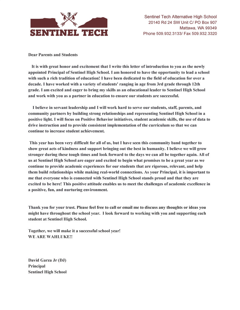 Sentinel Welcome Parent Letter