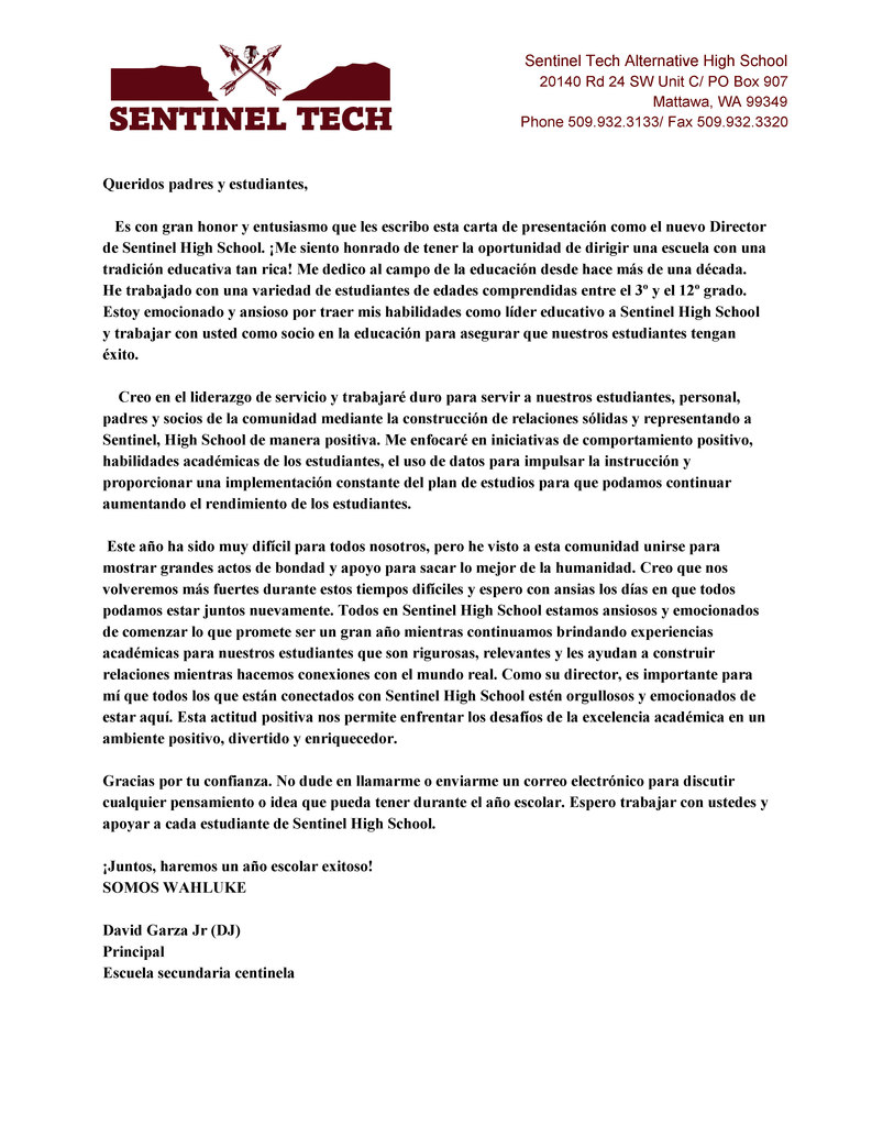 Sentinel Welcome Parent Letter